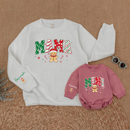 Personalized Mama Mini Christmas Sweatshirt Set, Festive Gingerbread Family Matching Sweaters, Custom Name Sleeve, Holiday Outfit, Cookie Theme (138 chars)
