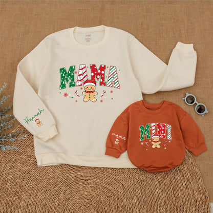 Personalized Mama Mini Christmas Sweatshirt Set, Festive Gingerbread Family Matching Sweaters, Custom Name Sleeve, Holiday Outfit, Cookie Theme (138 chars)