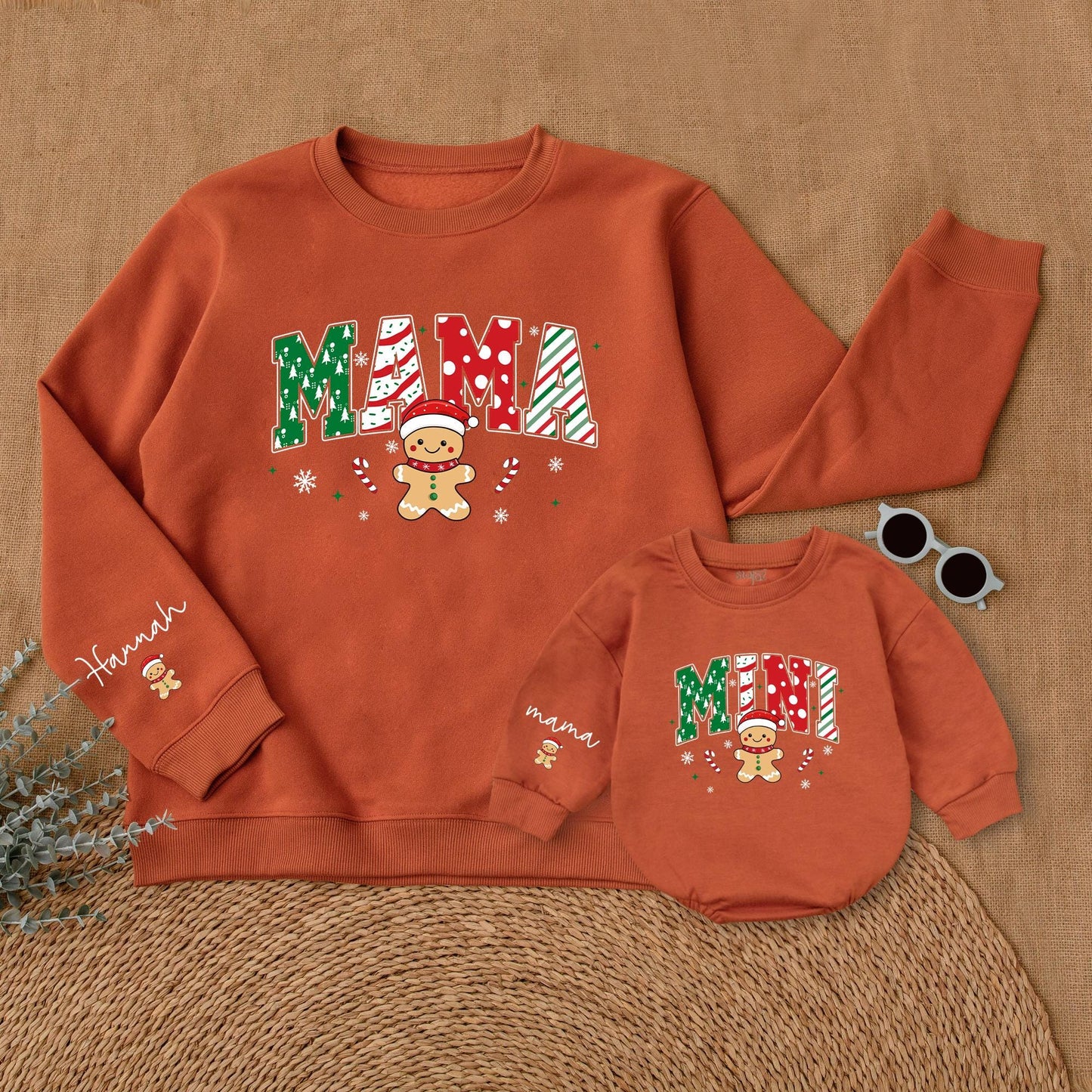 Personalized Mama Mini Christmas Sweatshirt Set, Festive Gingerbread Family Matching Sweaters, Custom Name Sleeve, Holiday Outfit, Cookie Theme (138 chars)