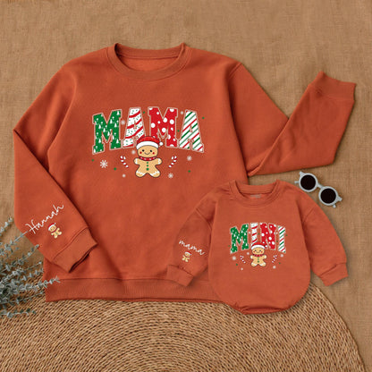 Personalized Mama Mini Christmas Sweatshirt Set, Festive Gingerbread Family Matching Sweaters, Custom Name Sleeve, Holiday Outfit, Cookie Theme (138 chars)