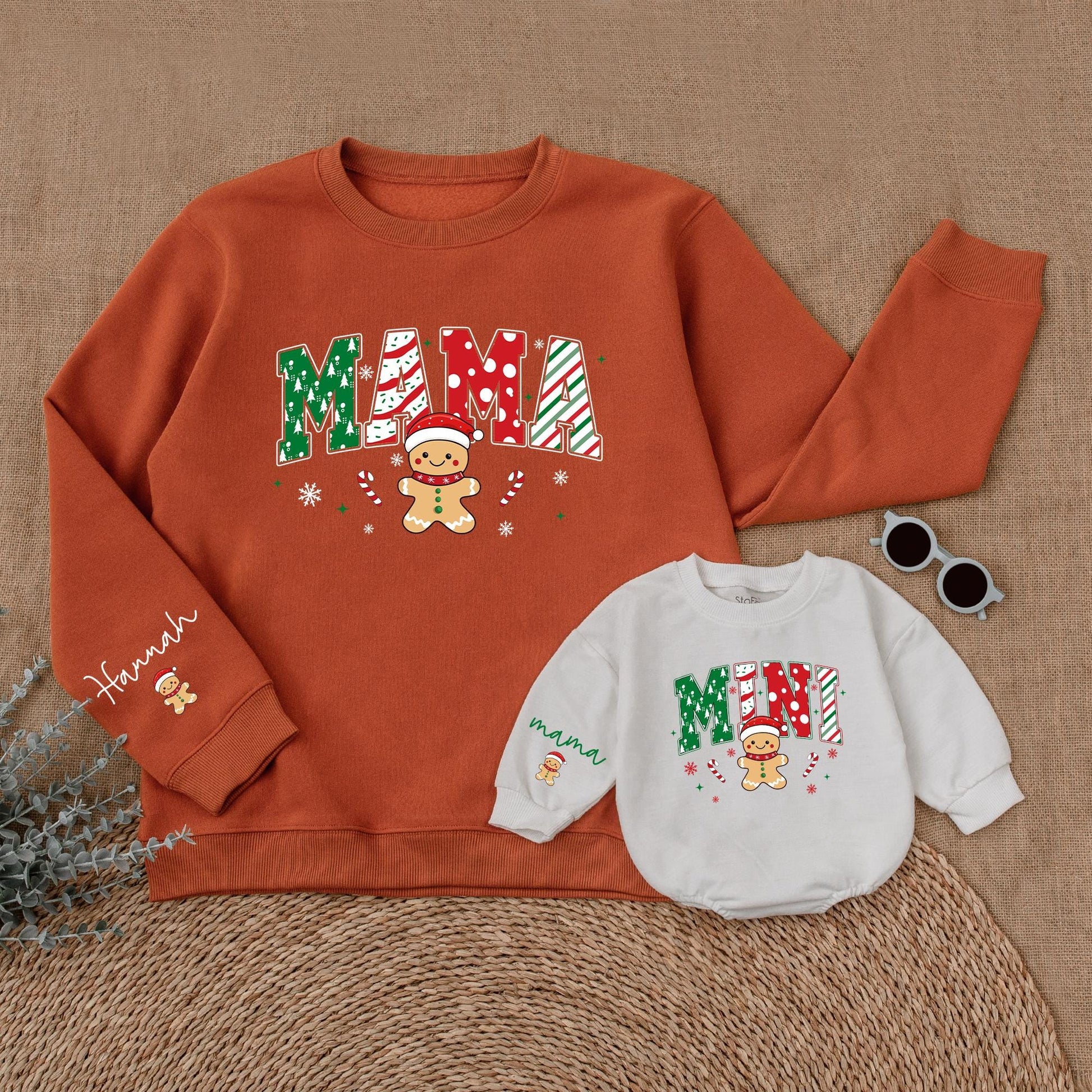 Personalized Mama Mini Christmas Sweatshirt Set, Festive Gingerbread Family Matching Sweaters, Custom Name Sleeve, Holiday Outfit, Cookie Theme (138 chars)