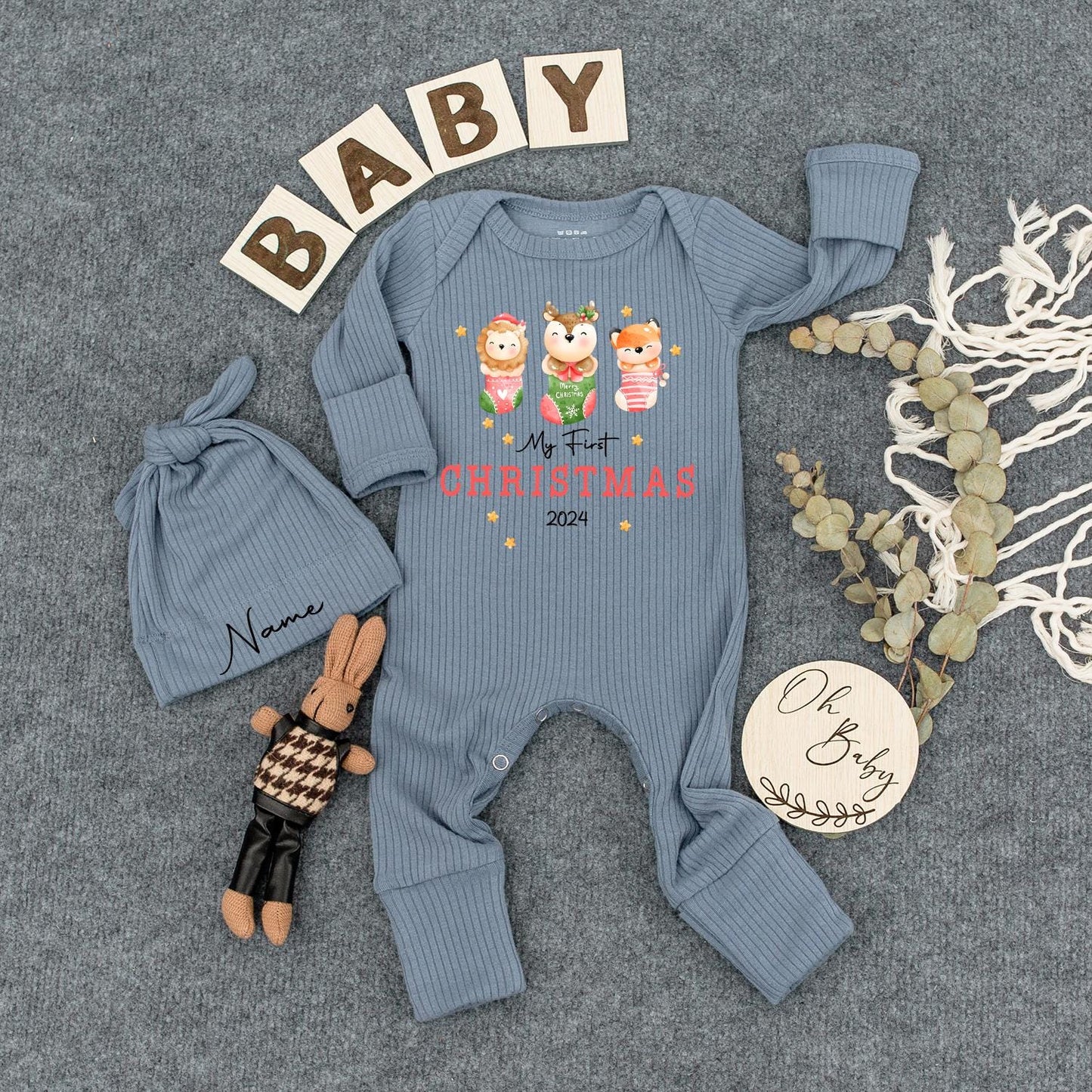 My First Christmas Baby Bodysuit Hat Set Cute Animals in Stocking Newborn Holiday Outfit 2024