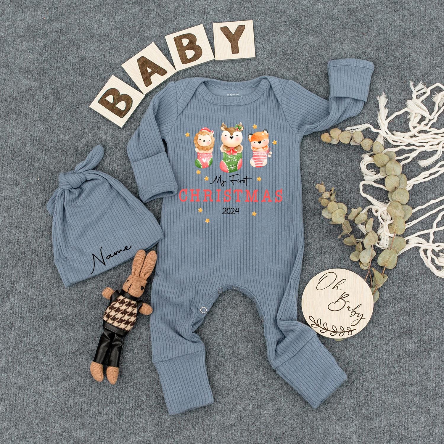 My First Christmas Baby Bodysuit Hat Set Cute Animals in Stocking Newborn Holiday Outfit 2024