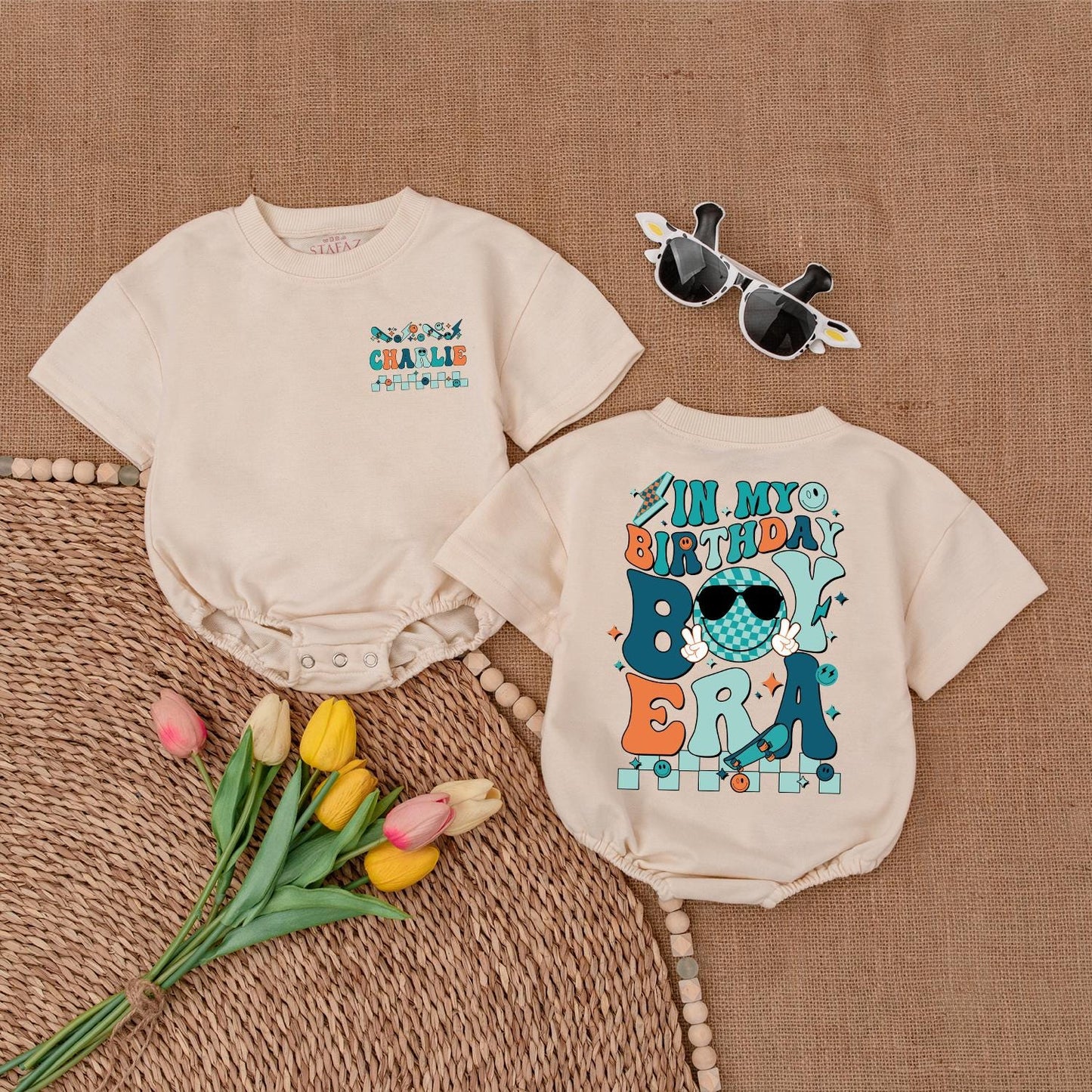 Personalized In My Birthday Boy Era Romper Teal Orange Brown Skateboard Star Peace Sign Custom Baby Outfit 1st Birthday