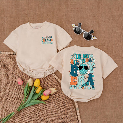 Personalized In My Birthday Boy Era Romper Teal Orange Brown Skateboard Star Peace Sign Custom Baby Outfit 1st Birthday