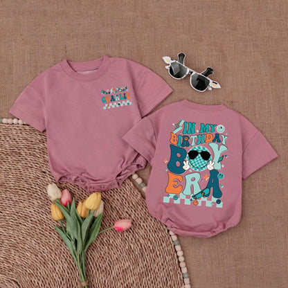 Personalized In My Birthday Boy Era Romper Teal Orange Brown Skateboard Star Peace Sign Custom Baby Outfit 1st Birthday