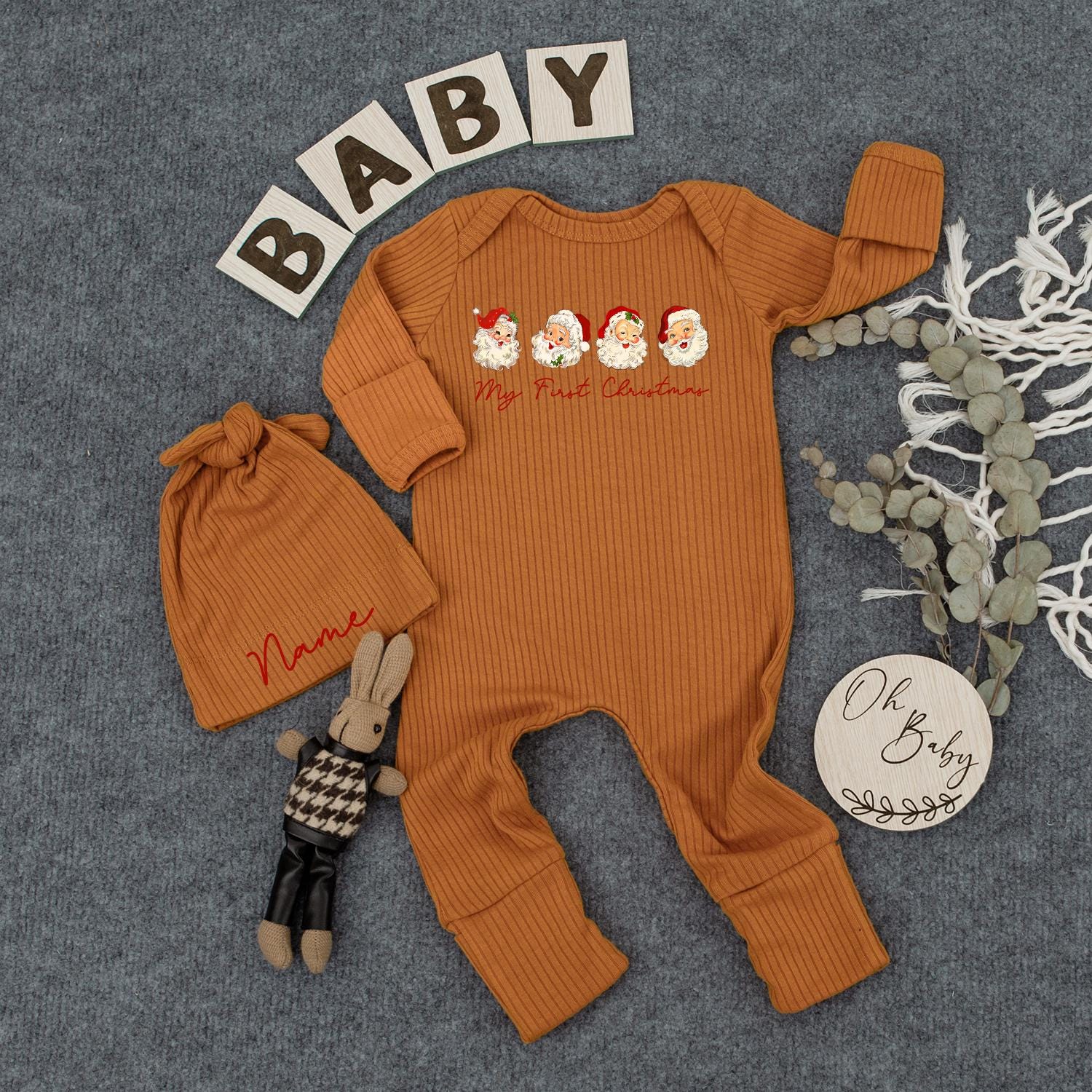 Custom 'My First Christmas' Baby Bodysuit & Hat Set, Santa Claus Design, Newborn Gift, Holiday Outfit
