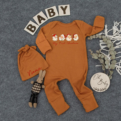 Custom 'My First Christmas' Baby Bodysuit & Hat Set, Santa Claus Design, Newborn Gift, Holiday Outfit