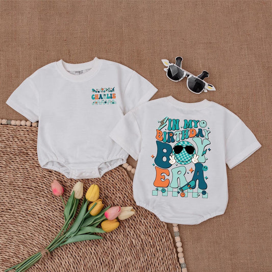 Personalized In My Birthday Boy Era Romper Teal Orange Brown Skateboard Star Peace Sign Custom Baby Outfit 1st Birthday