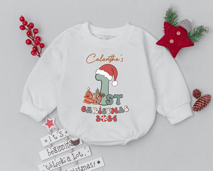 Calantha's First Christmas Romper Personalized 2024 Baby Outfit Retro Holiday Bodysuit, Gingerbread Man, Santa Hat, Fun Infant Clothes, Boy or Girl 138