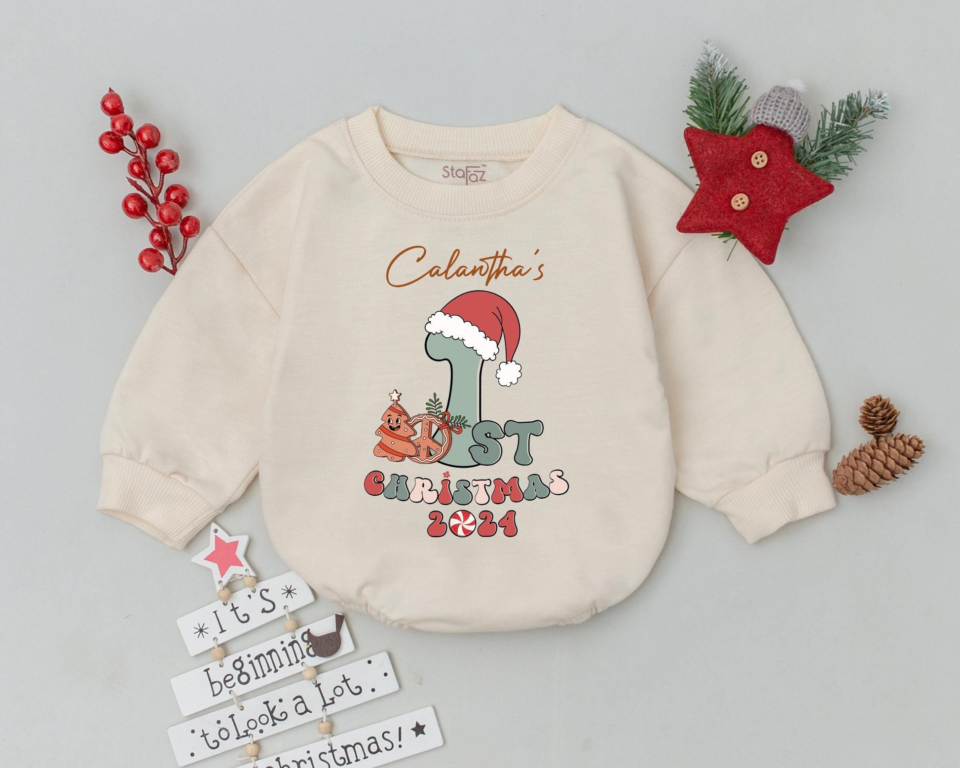 Calantha's First Christmas Romper Personalized 2024 Baby Outfit Retro Holiday Bodysuit, Gingerbread Man, Santa Hat, Fun Infant Clothes, Boy or Girl 138