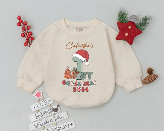 Calantha's First Christmas Romper Personalized 2024 Baby Outfit Retro Holiday Bodysuit, Gingerbread Man, Santa Hat, Fun Infant Clothes, Boy or Girl 138