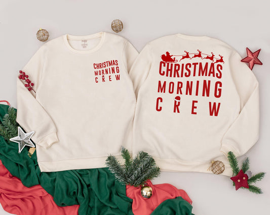 Christmas Morning Crew Matching Family Sweatshirts, Red Vintage Santa Sleigh Design, Mama, Mini & Me, Festive Holiday Outfit, Merry Christmas Sweatshirt