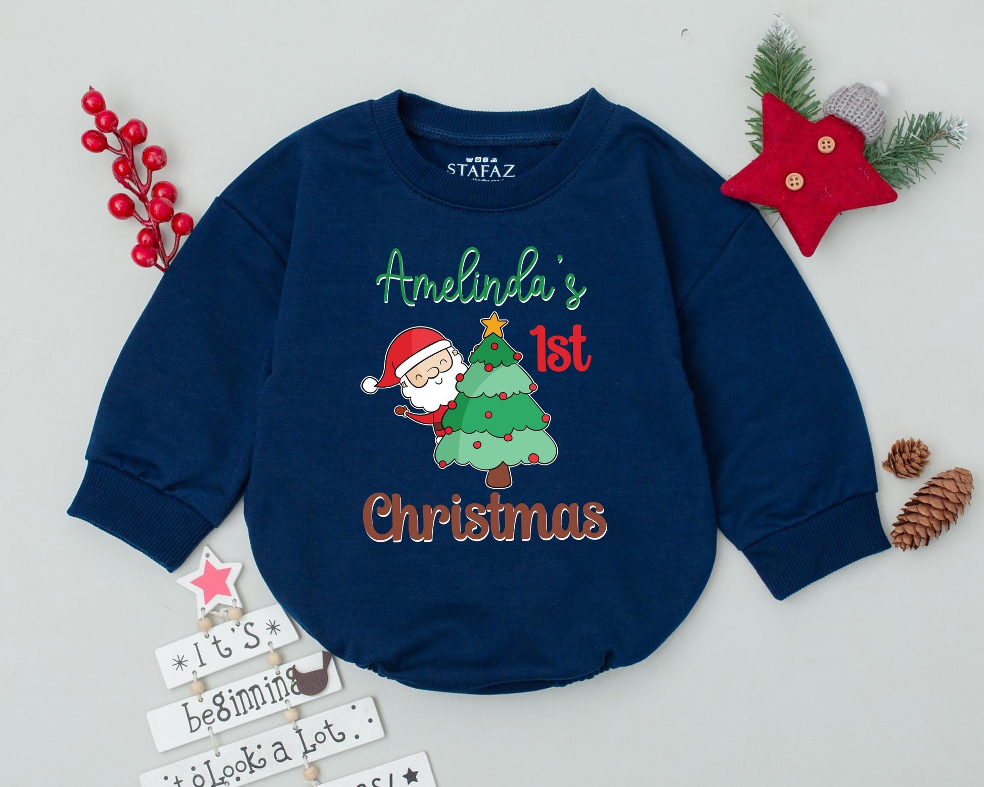 Personalized Baby First Christmas Romper Outfit Vintage Santa Claus Toddler Sweatshirt Holiday Bodysuit Custom Name Christmas Tree Baby Clothes Gift (137)
