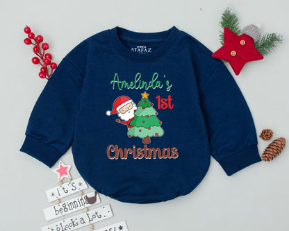 Personalized Baby First Christmas Romper Outfit Vintage Santa Claus Toddler Sweatshirt Holiday Bodysuit Custom Name Christmas Tree Baby Clothes Gift (137)