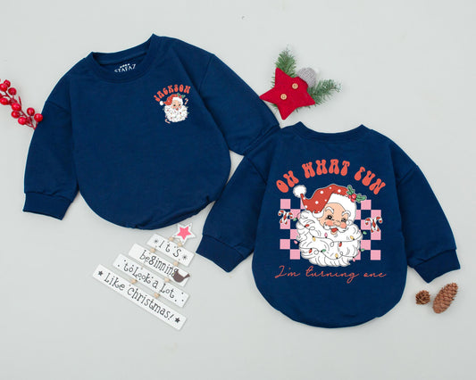 Personalized Vintage Santa Romper "JACKSON" Toddler Sweatshirt, My First Christmas Holiday Bodysuit, Checkerboard Infant Outfit, Christmas Baby Clothes