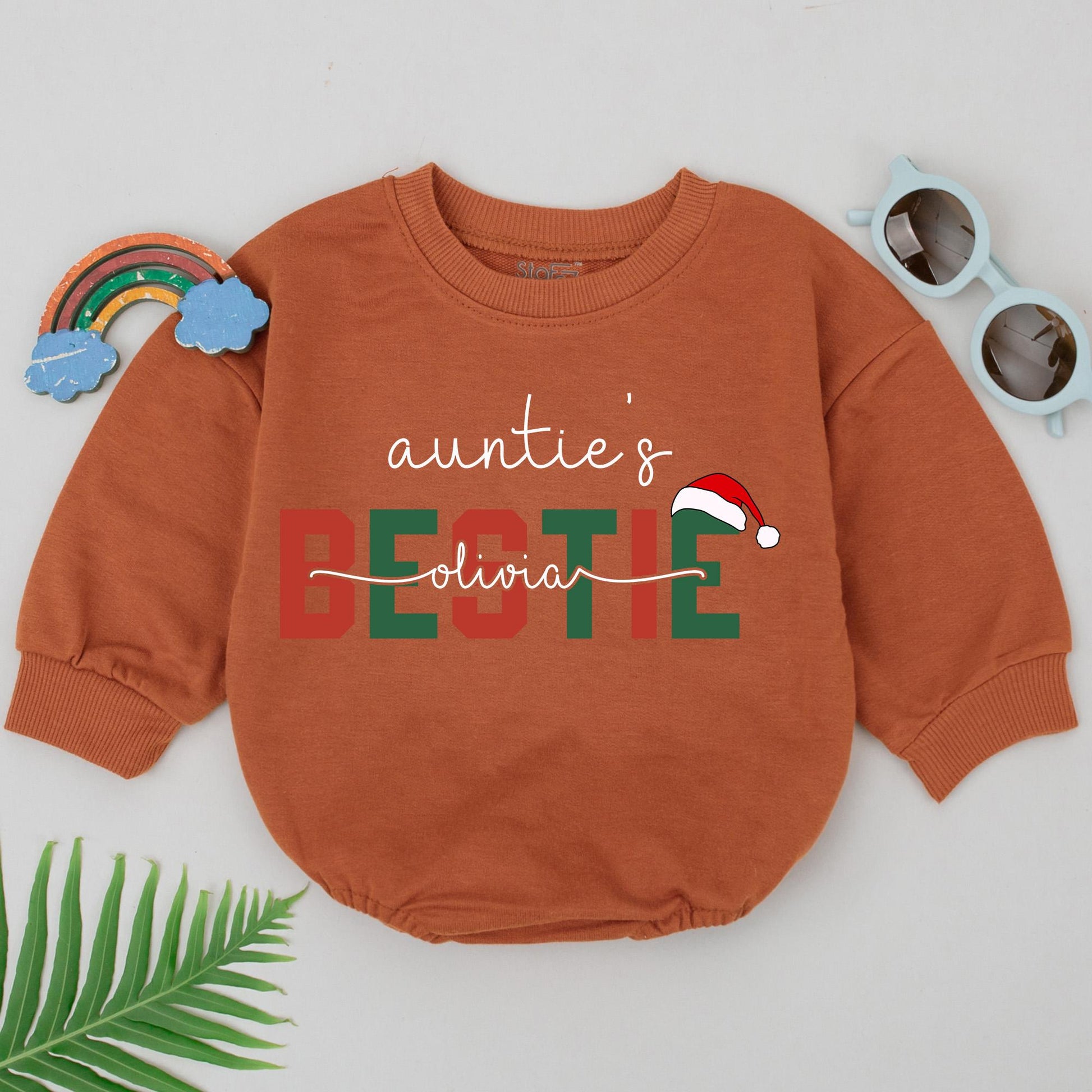 Personalized Auntie's Bestie 1st Christmas Romper: Olivia's Festive Santa Hat Design for Baby Girl, Newborn Outfit, Playful Holiday Gift (139 chars)