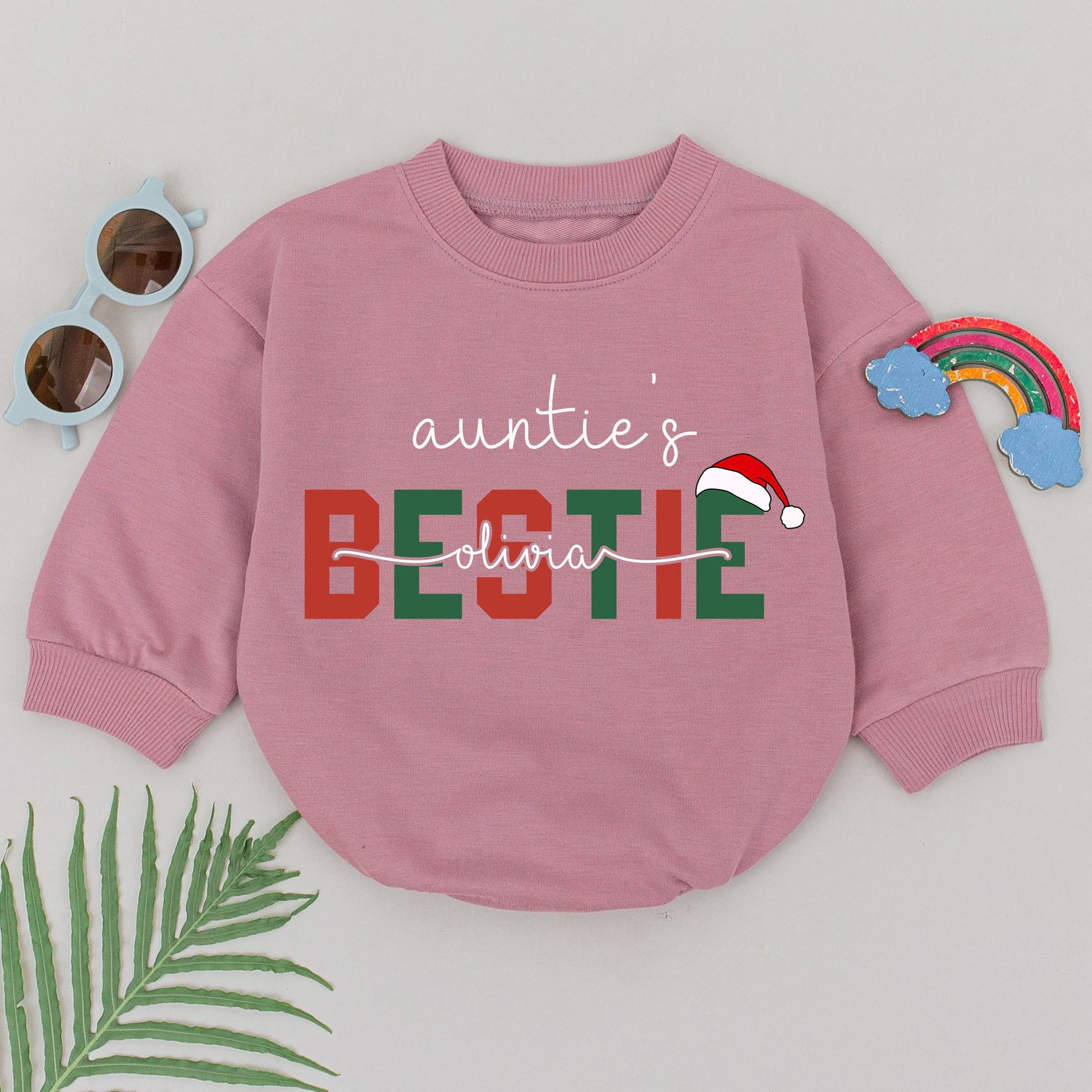 Personalized Auntie's Bestie 1st Christmas Romper: Olivia's Festive Santa Hat Design for Baby Girl, Newborn Outfit, Playful Holiday Gift (139 chars)