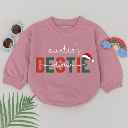 Personalized Auntie's Bestie 1st Christmas Romper: Olivia's Festive Santa Hat Design for Baby Girl, Newborn Outfit, Playful Holiday Gift (139 chars)