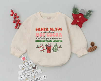 Festive Christmas Baby Romper: Santa, Reindeer, Hot Cocoa & Holiday Lights! Cute Newborn Bodysuit Outfit & Baby Shower Gift Idea, Playful Holiday Style