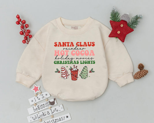 Festive Christmas Baby Romper: Santa, Reindeer, Hot Cocoa & Holiday Lights! Cute Newborn Bodysuit Outfit & Baby Shower Gift Idea, Playful Holiday Style