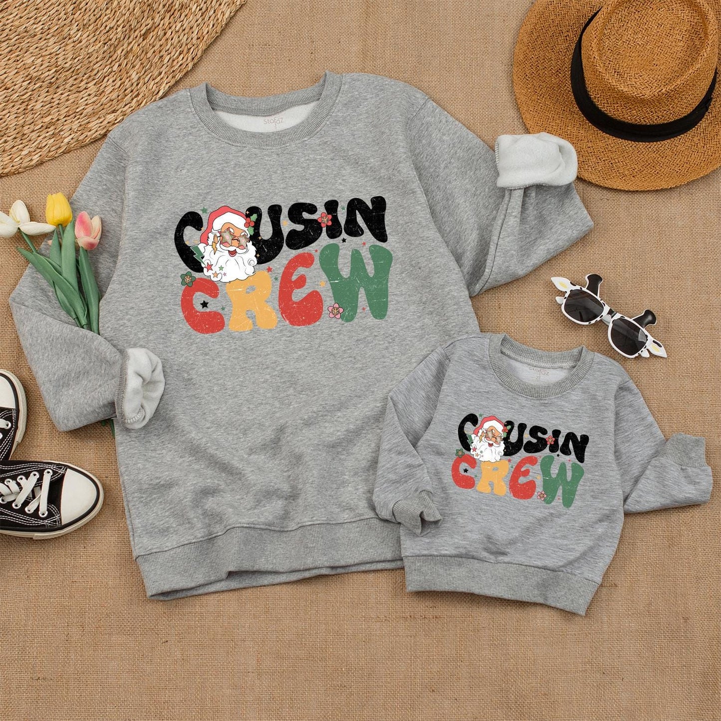 Groovy Cousin Crew Christmas Sweatshirt, Retro Santa Family Matching Xmas Outfit, Fun Holiday Sweatshirts for Baby, Toddler, & Kids 139 chars