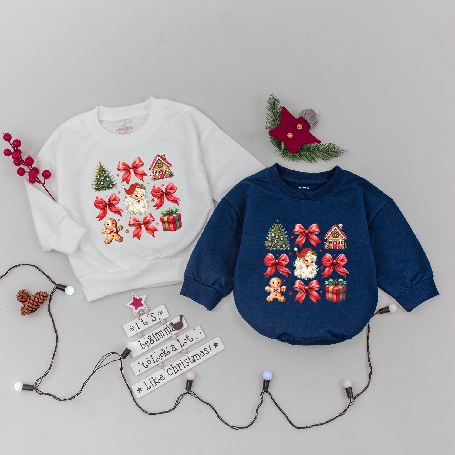Vintage Christmas Sweatshirt: Retro Santa & Bows Coquette Design for Holiday Cheer, Baby Xmas Outfit, Christmas Tree, Xmas Holiday Gift 133