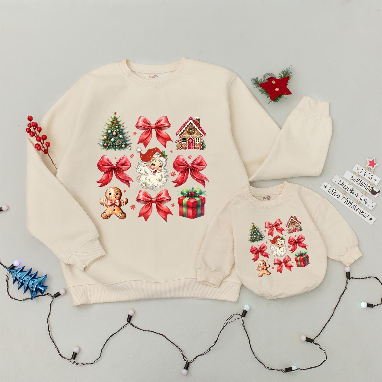 Vintage Christmas Sweatshirt: Retro Santa & Bows Coquette Design for Holiday Cheer, Baby Xmas Outfit, Christmas Tree, Xmas Holiday Gift 133
