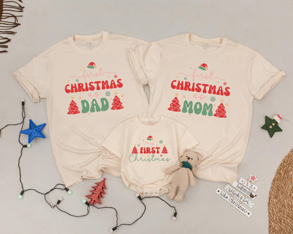 First Christmas Family Matching Shirts, Vintage Holiday Outfits for Dad Mom Baby, Newborn Announcement, Santa Hat & Festive Tree Design, Merry & Bright (140)