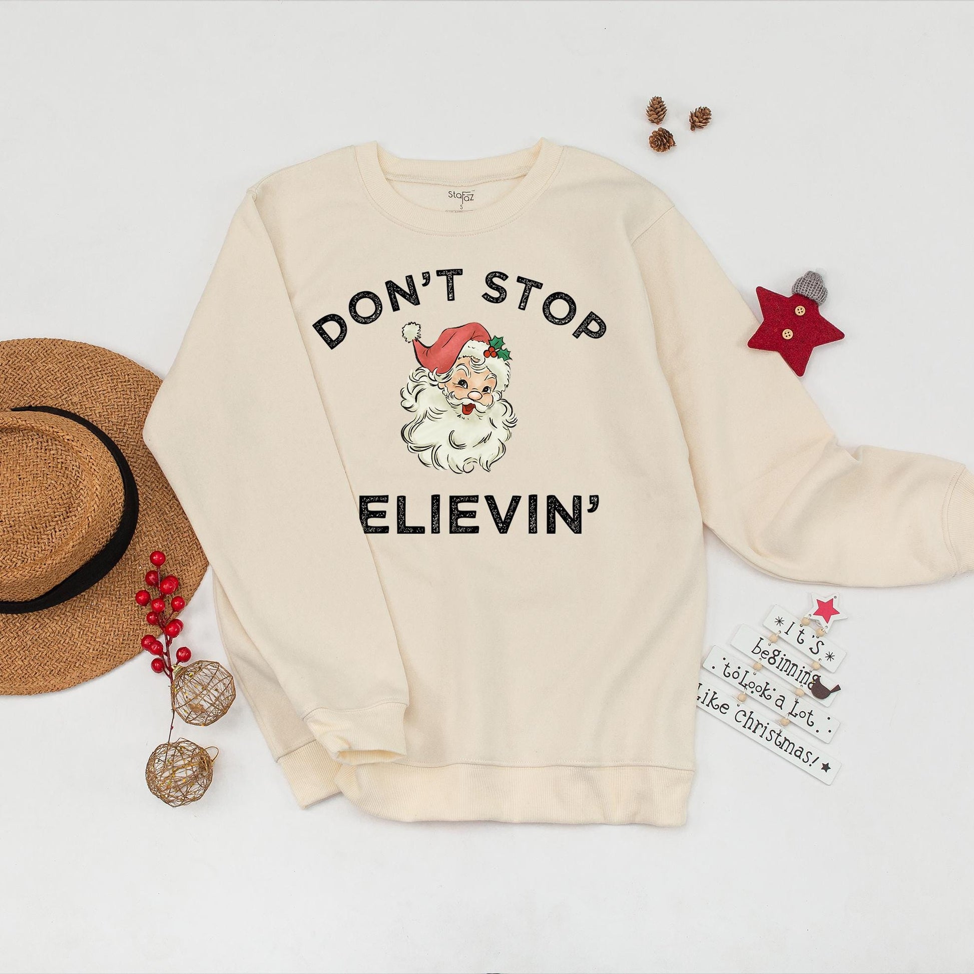 Don't Stop Believin' Santa Sweatshirt Vintage Christmas Sweater Retro Holiday Top Funny Winter Shirt Classic Santa Claus Christmas Gifts For Her 138