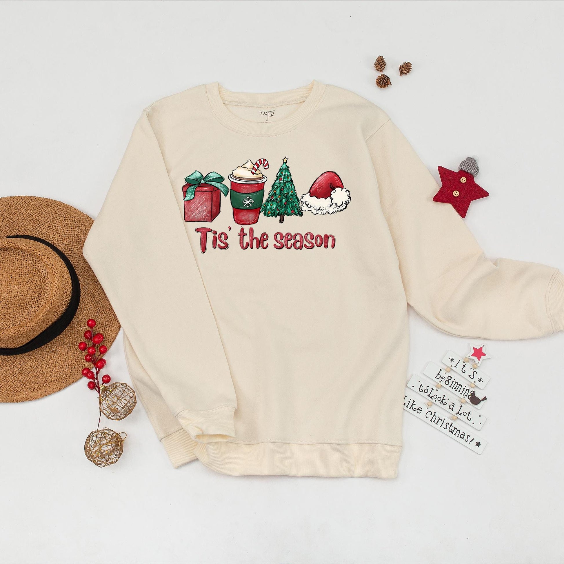 Tis The Season Christmas Sweatshirt: Festive Cocoa, Gifts & Tree Design, Merry & Bright Holiday Pullover, Cute Winter Crewneck, Comfy Xmas Party Top (139 chars)