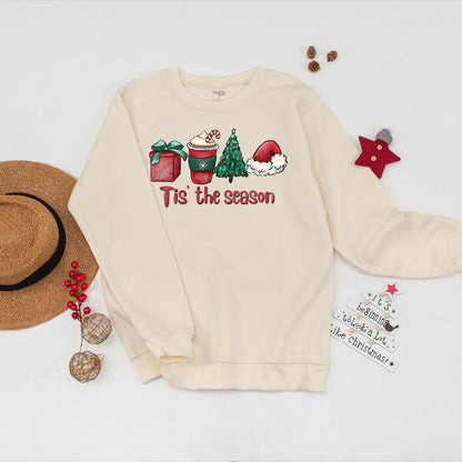 Tis The Season Christmas Sweatshirt: Festive Cocoa, Gifts & Tree Design, Merry & Bright Holiday Pullover, Cute Winter Crewneck, Comfy Xmas Party Top (139 chars)