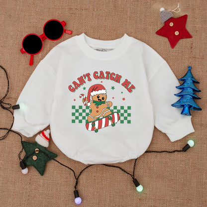 Skateboarding Gingerbread Boy Romper: Can't Catch Me Christmas Fun! Cute Holiday Outfit, Santa Hat Cookie, Festive Baby Clothes, Retro Xmas Star Design