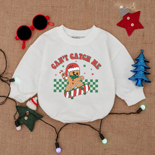 Skateboarding Gingerbread Boy Romper: Can't Catch Me Christmas Fun! Cute Holiday Outfit, Santa Hat Cookie, Festive Baby Clothes, Retro Xmas Star Design