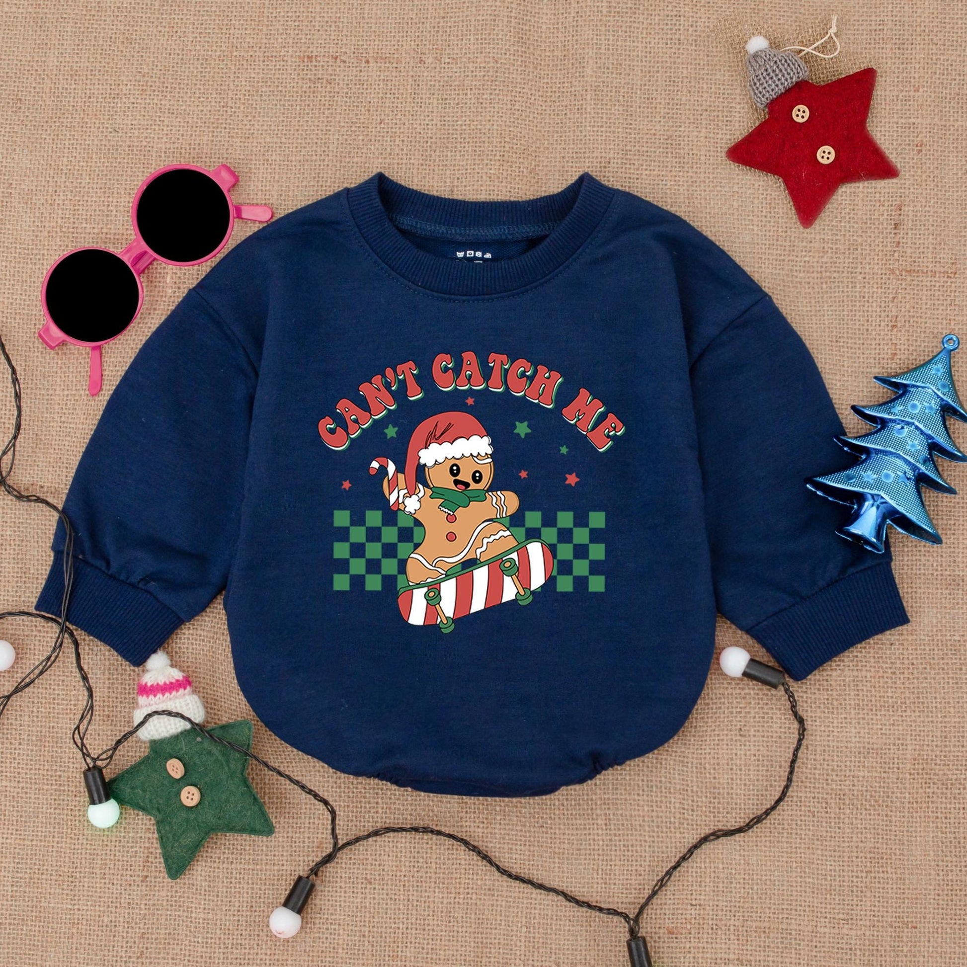 Skateboarding Gingerbread Boy Romper: Can't Catch Me Christmas Fun! Cute Holiday Outfit, Santa Hat Cookie, Festive Baby Clothes, Retro Xmas Star Design