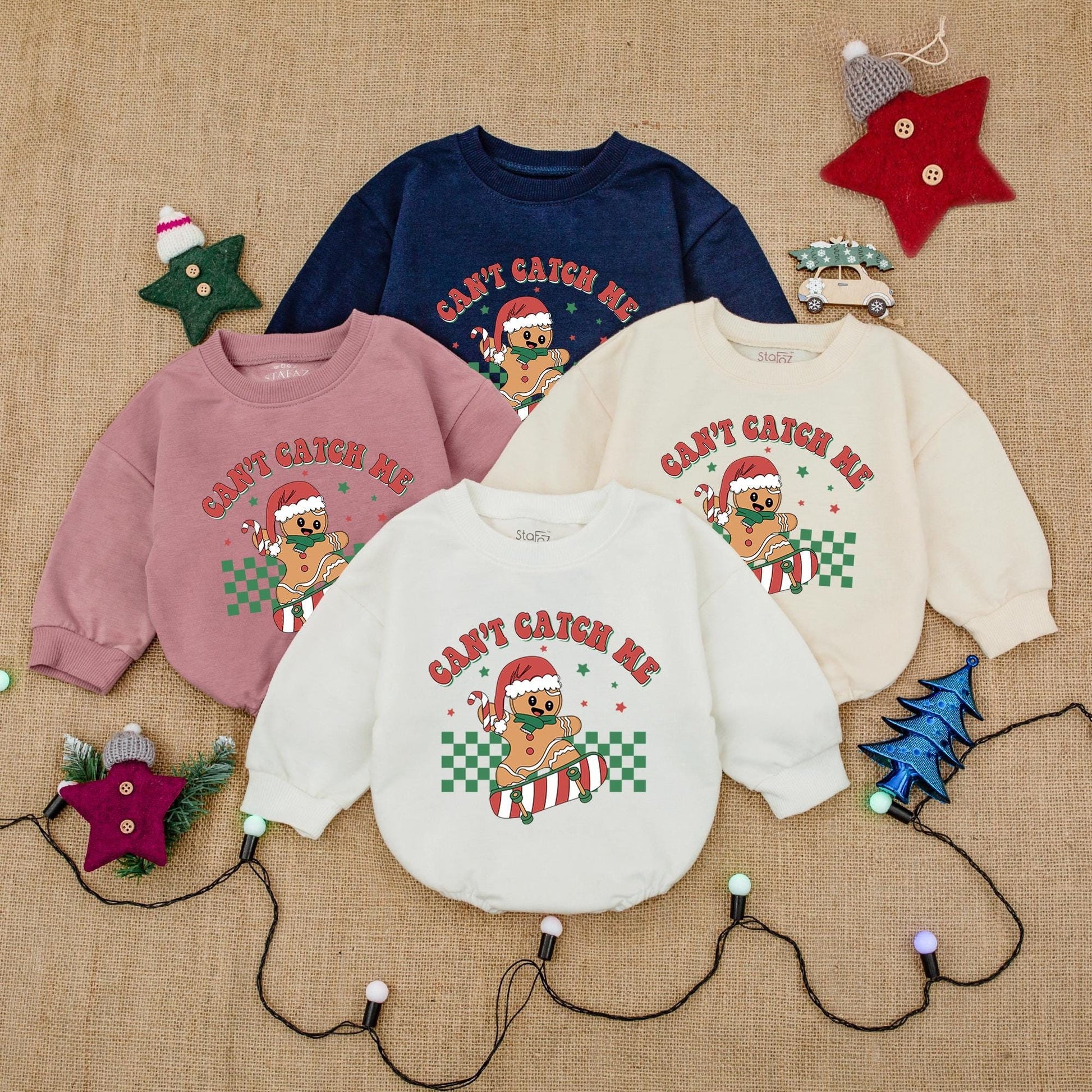 Skateboarding Gingerbread Boy Romper: Can't Catch Me Christmas Fun! Cute Holiday Outfit, Santa Hat Cookie, Festive Baby Clothes, Retro Xmas Star Design