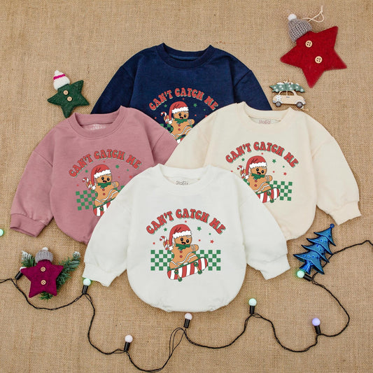 Skateboarding Gingerbread Boy Romper: Can't Catch Me Christmas Fun! Cute Holiday Outfit, Santa Hat Cookie, Festive Baby Clothes, Retro Xmas Star Design