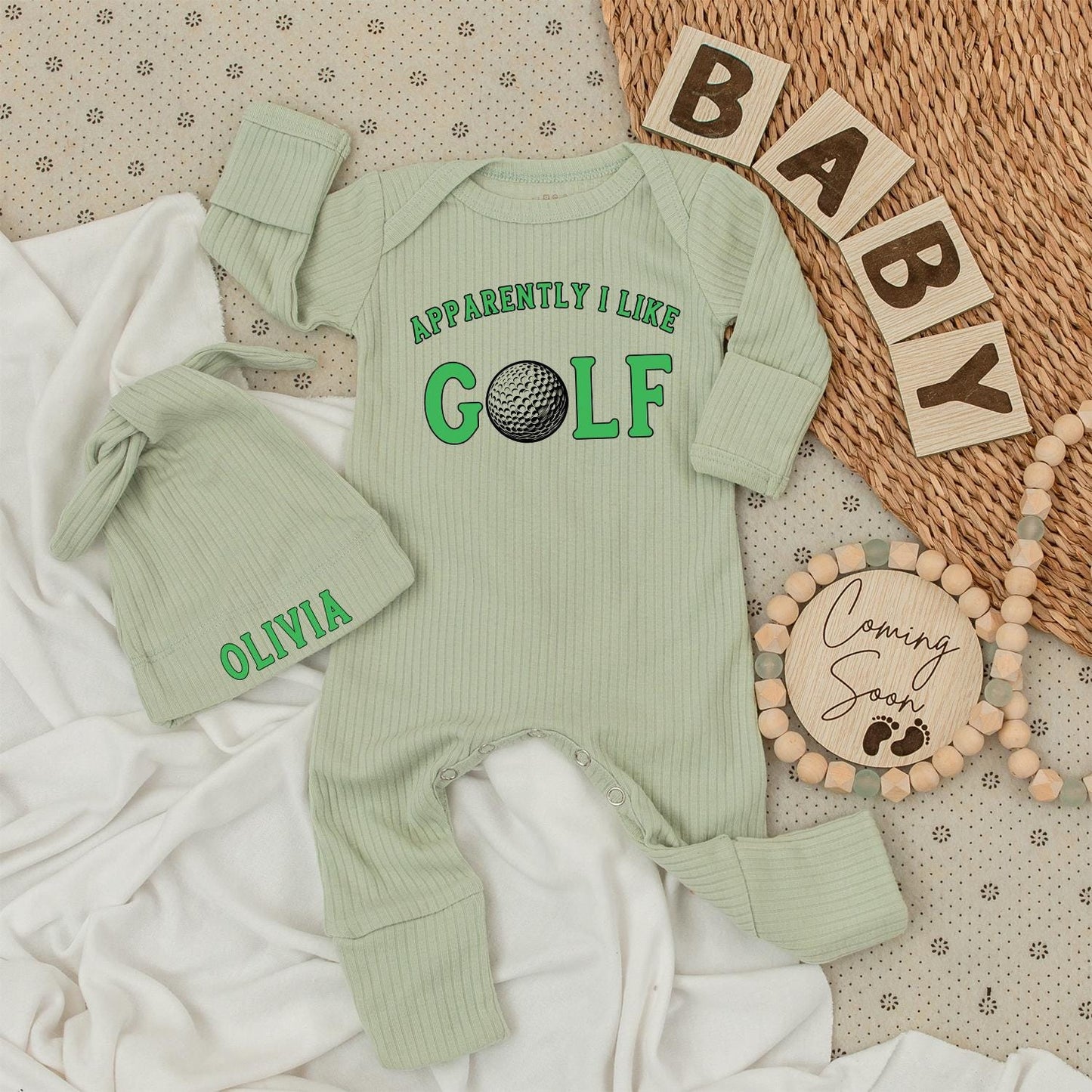 Apparently I Like Golf Baby Bodysuit & Hat Set Green Golf Ball Design Personalized Newborn Outfit Going Home Gift
