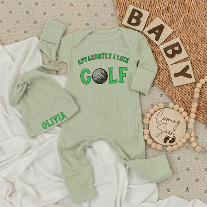 Apparently I Like Golf Baby Bodysuit & Hat Set Green Golf Ball Design Personalized Newborn Outfit Going Home Gift