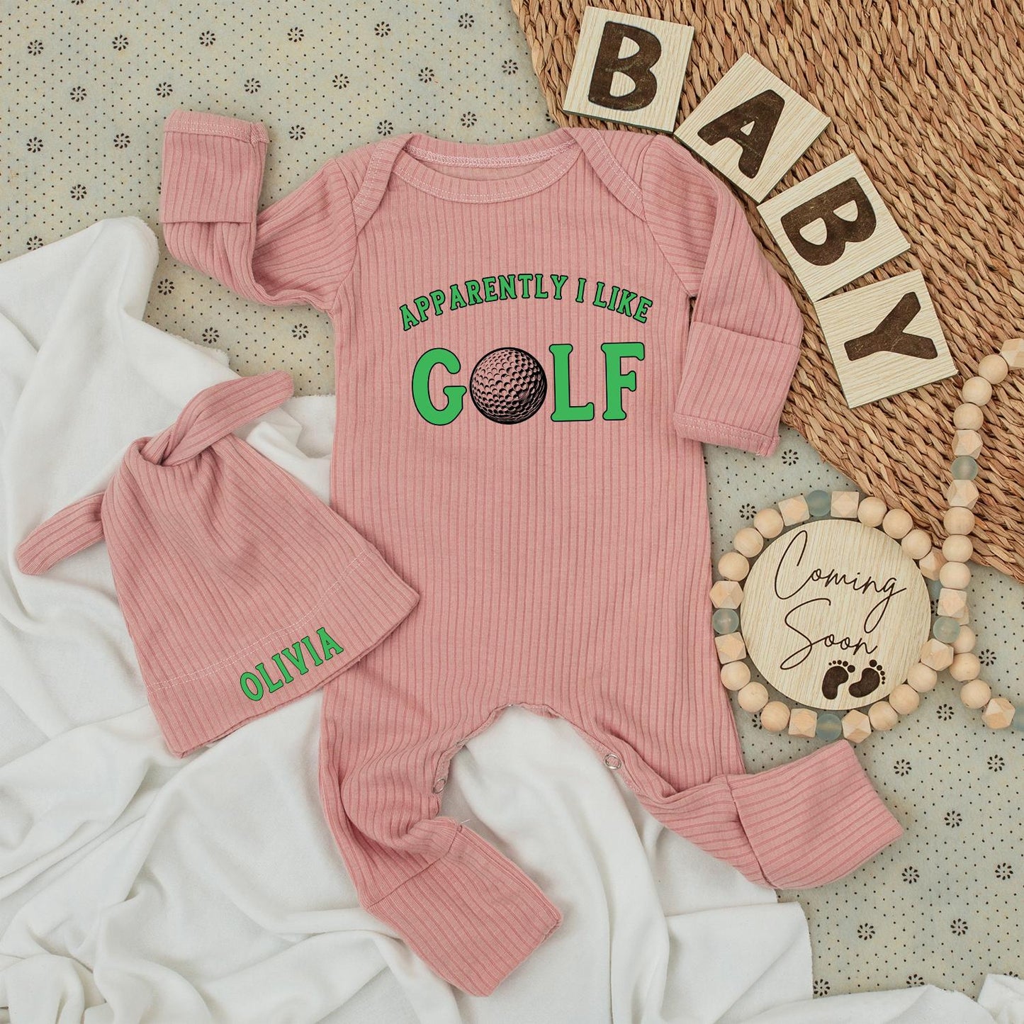 Apparently I Like Golf Baby Bodysuit & Hat Set Green Golf Ball Design Personalized Newborn Outfit Going Home Gift