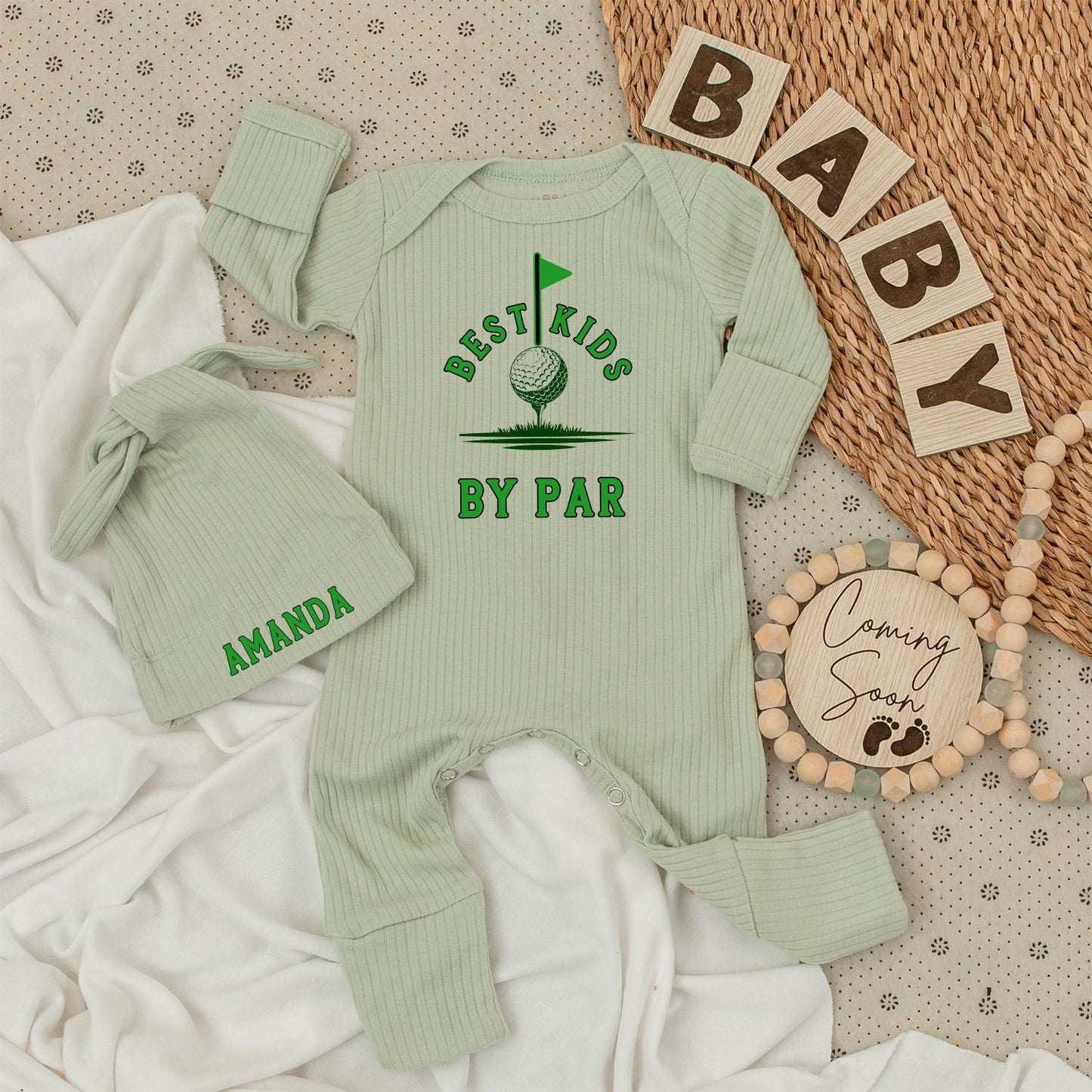Personalized Best Kids By Par Golf Baby Bodysuit and Hat Set "Amanda" modern green design newborn long sleeve going home outfit baby shower gift pregnancy announcement