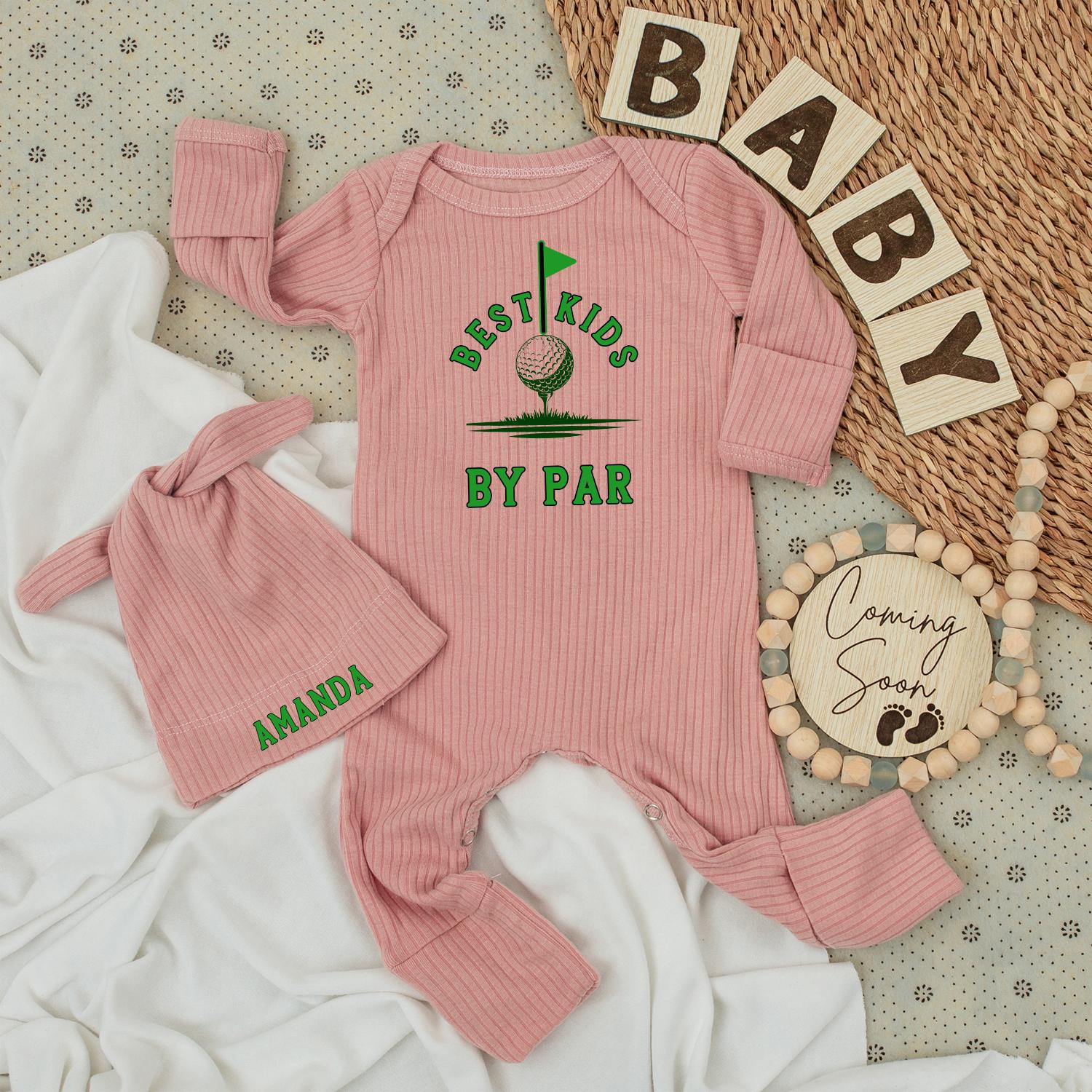 Personalized Best Kids By Par Golf Baby Bodysuit and Hat Set "Amanda" modern green design newborn long sleeve going home outfit baby shower gift pregnancy announcement