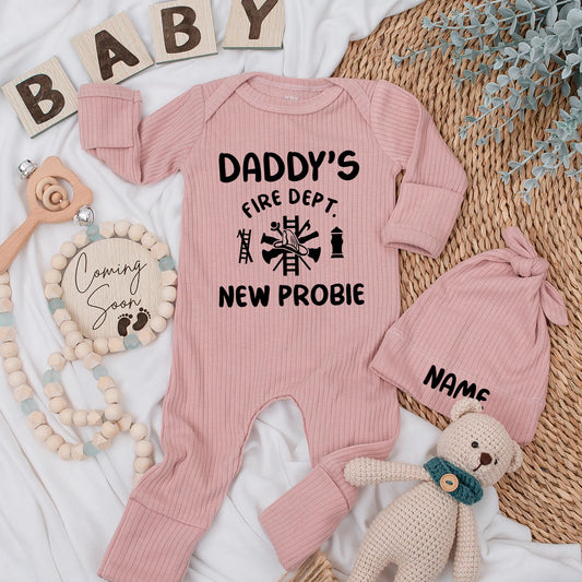 Personalized Firefighter Baby Bodysuit Hat Set Daddy's Fire Dept New Probie Newborn Pregnancy Reveal Coming Home Shower Gift Black Helmet Axes