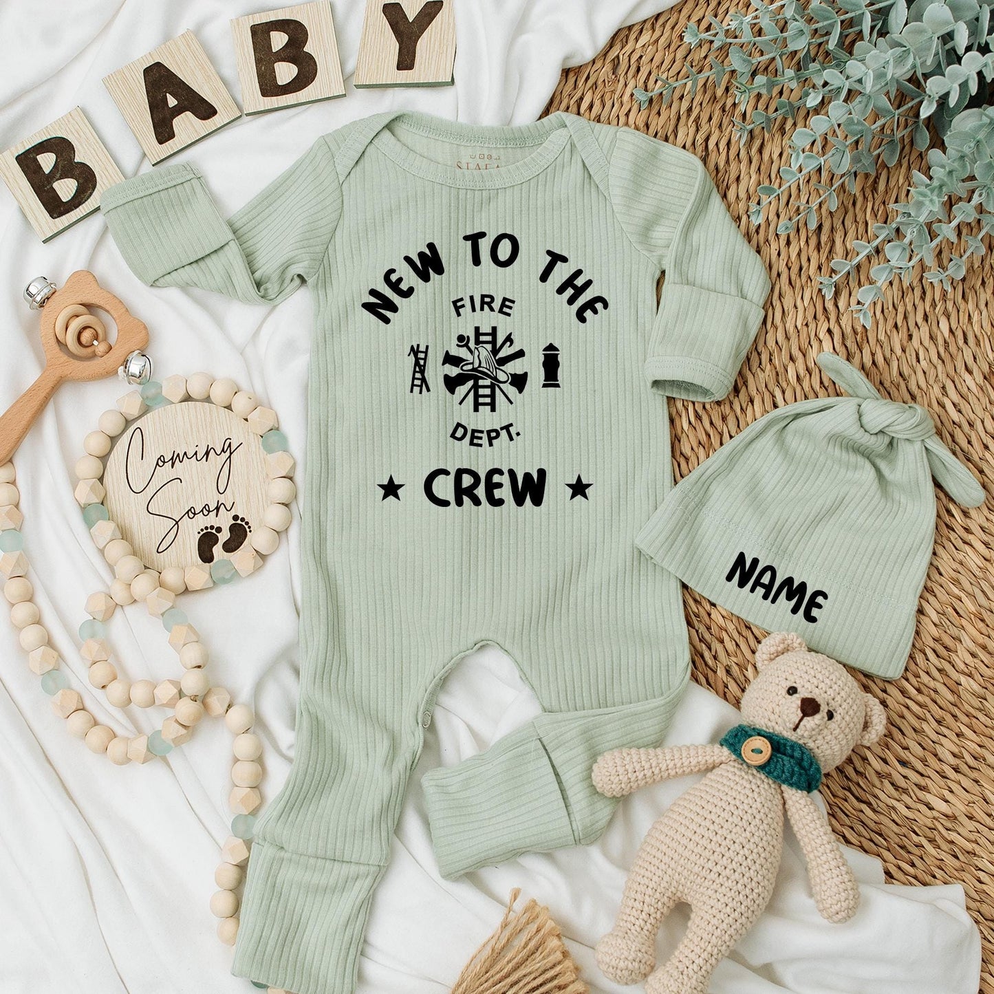 Firefighter Baby Bodysuit & Hat Set New to the Fire Dept Crew Simple Modern Design Newborn Firefighter Gift Shower Present