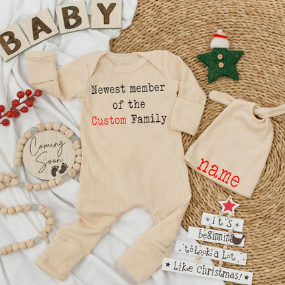 Personalized Newest Member Bodysuit & Hat Set, Custom Family Baby Outfit, Cute Newborn Clothes, Announcement Gift, Baby Shower, Comfy Cotton Blend