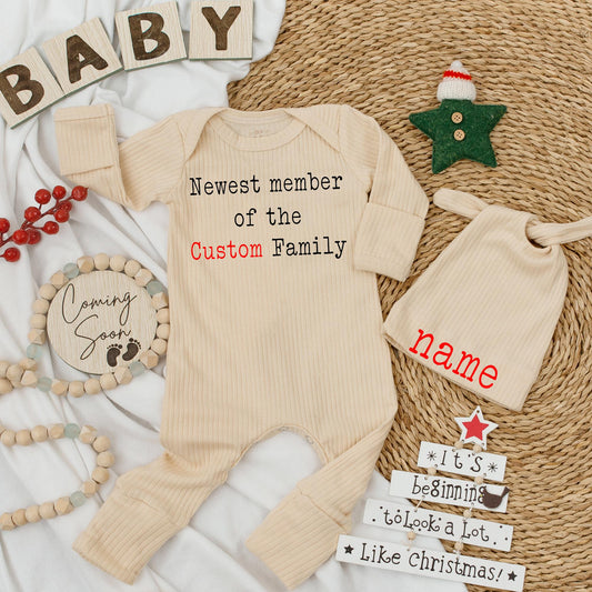 Personalized Newest Member Bodysuit & Hat Set, Custom Family Baby Outfit, Cute Newborn Clothes, Announcement Gift, Baby Shower, Comfy Cotton Blend