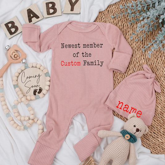 Personalized Newest Member Bodysuit & Hat Set, Custom Family Baby Outfit, Cute Newborn Clothes, Announcement Gift, Baby Shower, Comfy Cotton Blend
