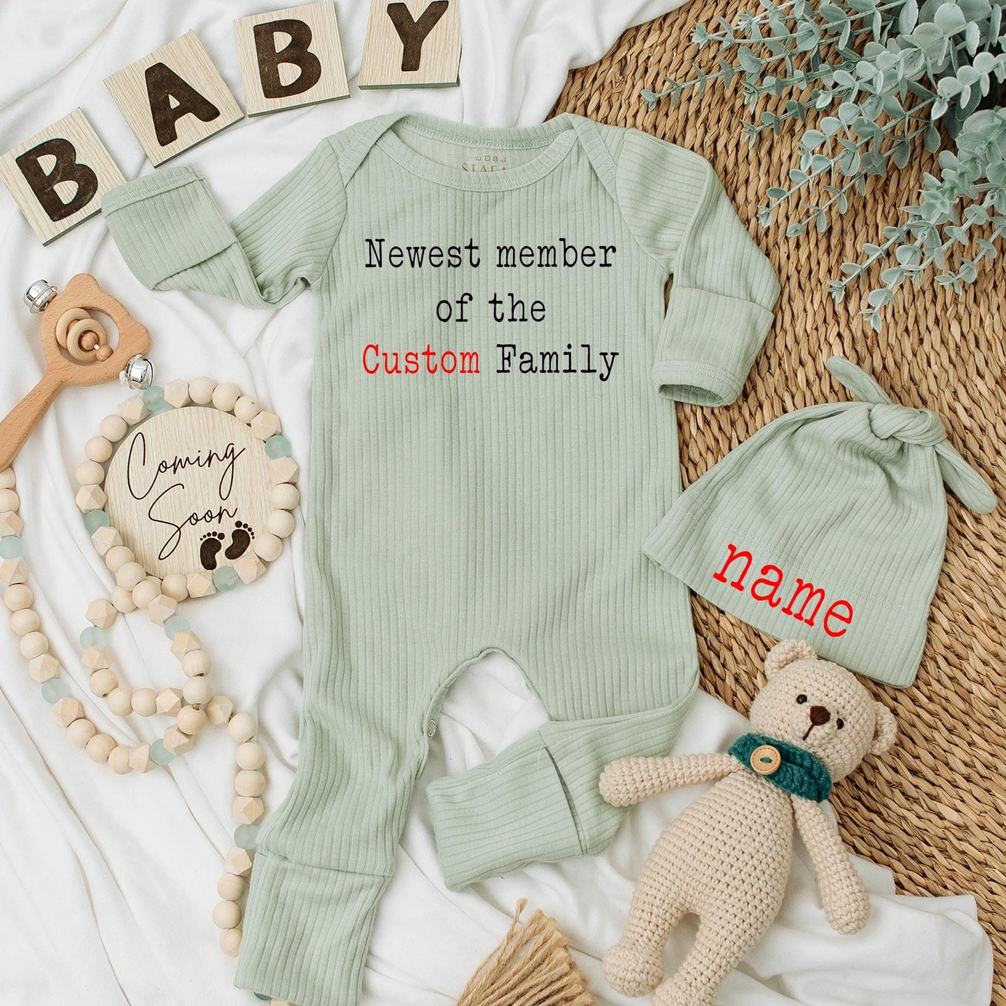 Personalized Newest Member Bodysuit & Hat Set, Custom Family Baby Outfit, Cute Newborn Clothes, Announcement Gift, Baby Shower, Comfy Cotton Blend