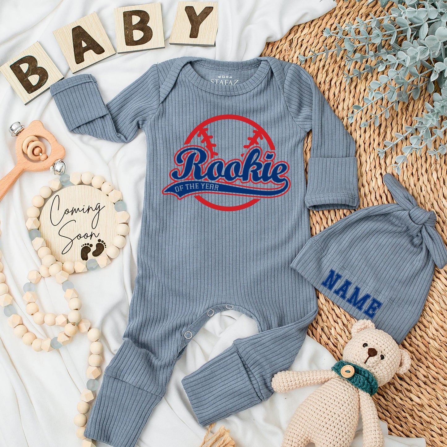 Rookie of The Year Baseball Baby Bodysuit Set, Personalized Hat, Sporty Newborn Outfit, Vintage Baby Shower Gift, Little All-Star Coming Home Outfit
