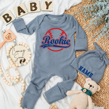 Rookie of The Year Baseball Baby Bodysuit Set, Personalized Hat, Sporty Newborn Outfit, Vintage Baby Shower Gift, Little All-Star Coming Home Outfit